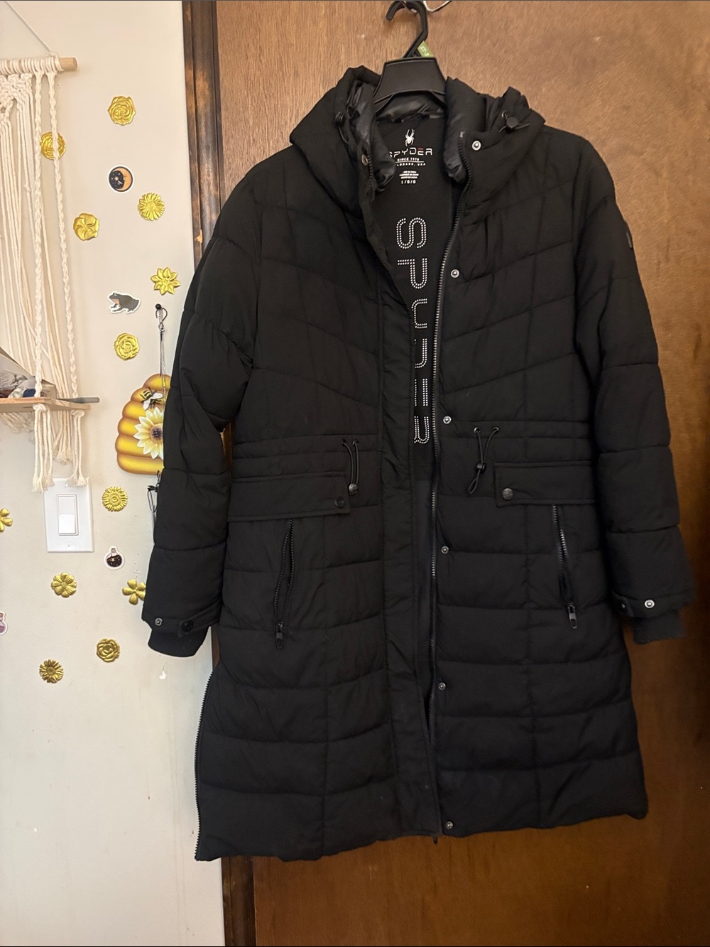 Spyder Women's Black Long Quilted Puffer Coat with Hood